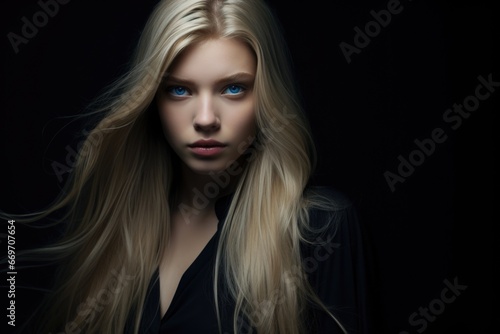 A young blonde with long dark hair flowing in the wind. Women's beauty, hair care.