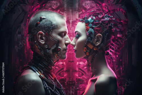 A futuristic depiction of love s connection between a man and a woman  their faces turned toward each other  radiating the essence of deep affection and emotional intimacy