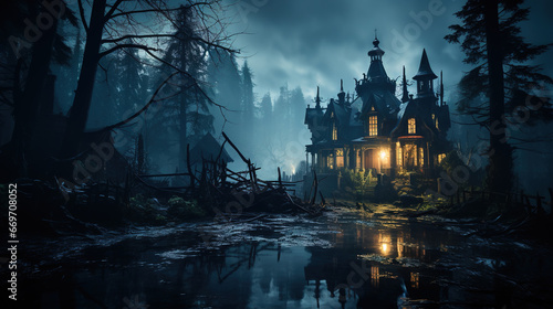 creepy haunted mansion in a swamp at night © 22Imagesstudio