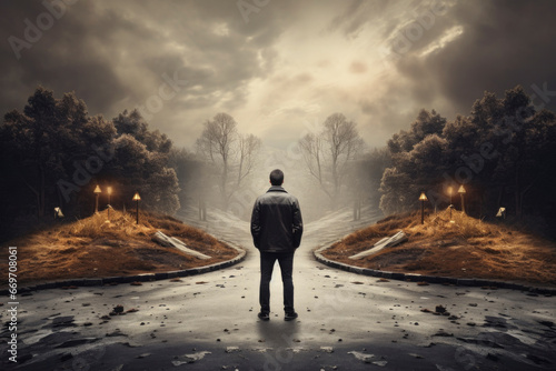 Choices Ahead: An individual contemplates multiple paths, each leading to a different destination, embodying the complexity of decision-making in life's journey