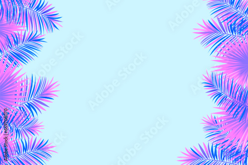 Purple tropical border frame with exotic jungle plants, palm leaves and place for text. Amazon foliage vector background. Spring and summer tropic design for travel, vacation cards and banners