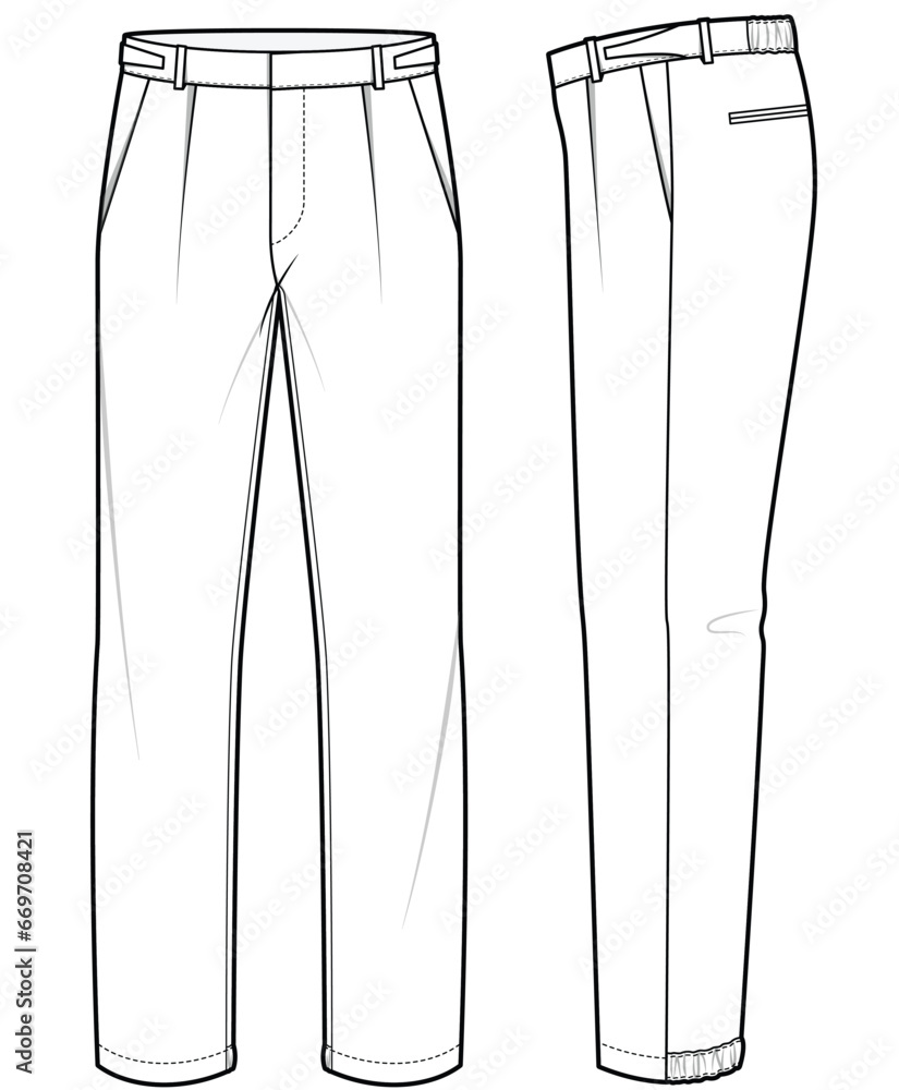 mens adjustable waist pleated dress pant flat sketch vector illustration technical cad drawing template - obrazy, fototapety, plakaty 