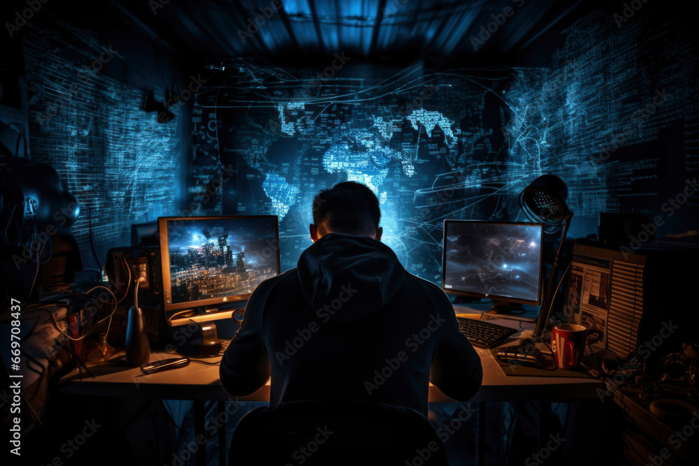 A hacker's dark, shadowy figure silhouetted against a bright computer screen A hacker's dark, shadowy figure silhouetted against a bright computer screen