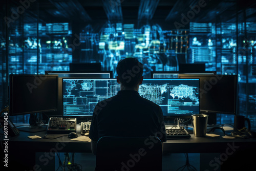 Digital Intrusion: A snapshot capturing a hacker's intense focus as they manipulate code, striving to breach servers and assert control over the digital realm