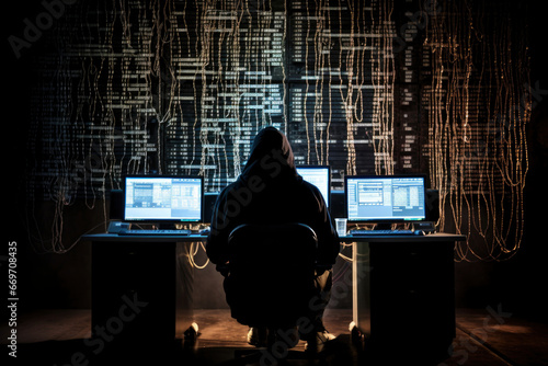 A hacker sits at a computer, typing furiously