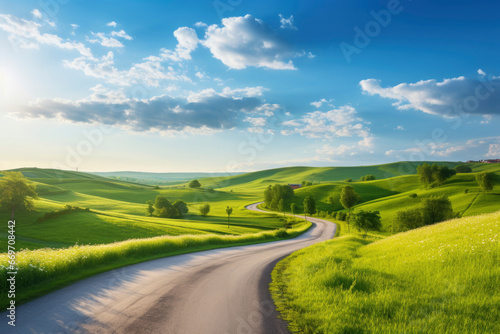 Winding Path in Nature: A serpentine road winds through lush green fields under the bright sky with scattered clouds on a sunny day