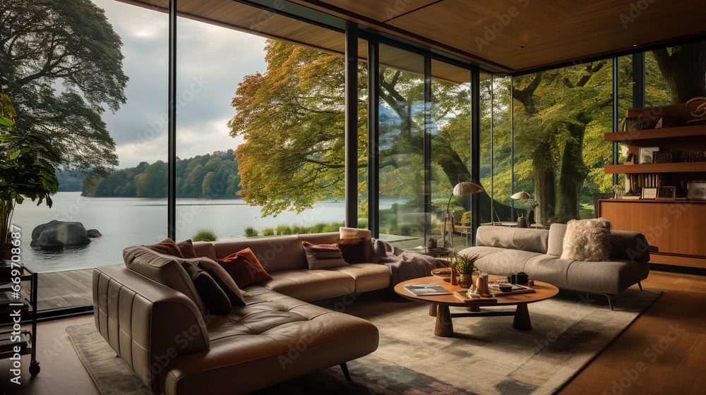 Fototapeta premium A contemporary living room with floor-to-ceiling windows offering a stunning view of nature