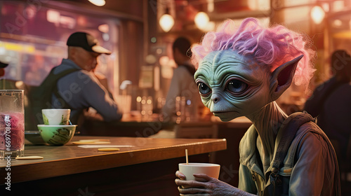 illustration of a cute alien drinking coffee in a cafe