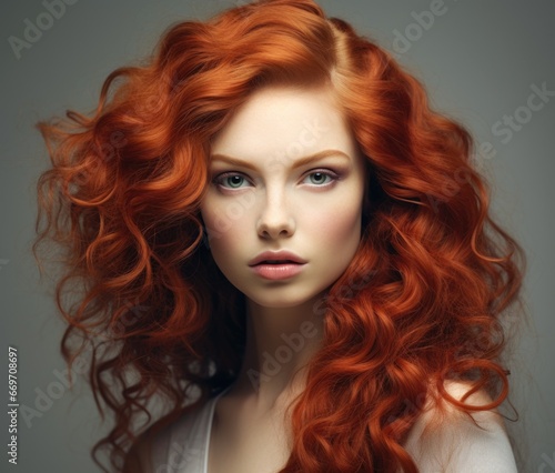 A young redhead, with long dark hair flowing in the wind. Women's beauty, hair care.