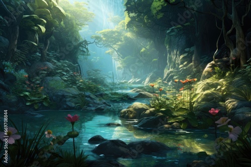 A beautiful landscape with jungle, river, grass and flowers