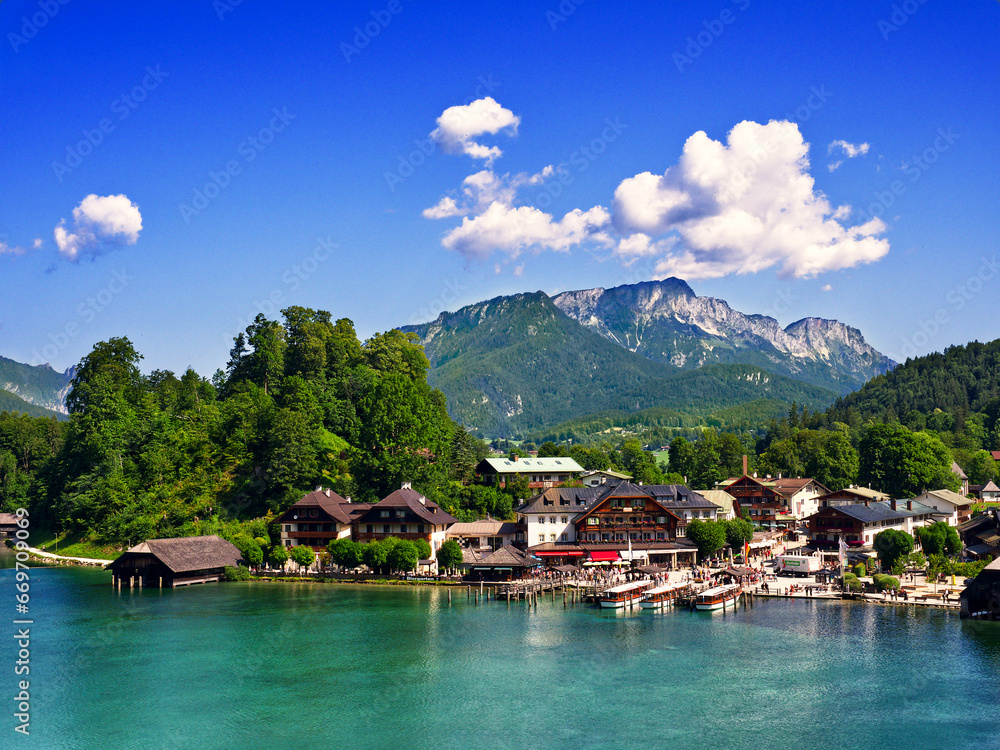 Fototapeta premium Overview of Konigssee lake and port in Bavaria, Germany