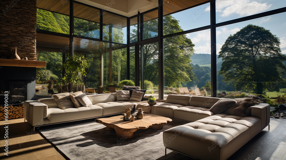 Fototapeta premium A contemporary living room with floor-to-ceiling windows offering a stunning view of nature