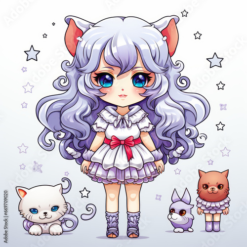 Anime girl with cat ears  purple hair  big eyes  and three small cats.