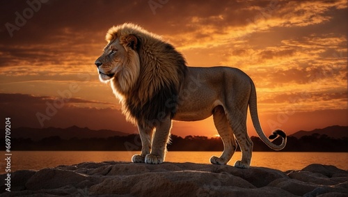 Lion on a rock in the sunset