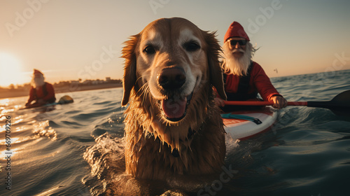 Happy man in Santa Claus hat surfing on a surfboard with his golden retriever in the ocean at daytime © 22Imagesstudio