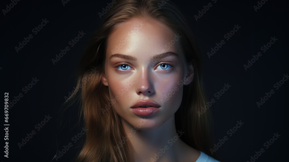 Fototapeta premium Beauty portrait of a beautiful young woman on a dark background. Feminine beauty. Radiant skin.