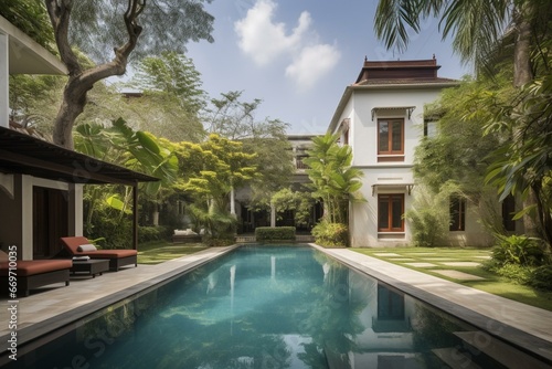 Exquisite residence showcasing lavishness amid a lush garden and swimming pool. Generative AI © Iridessa