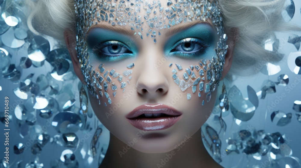 The woman's face is covered with diamonds and rhinestones, stylized makeup. Women's beauty and jewelry.
