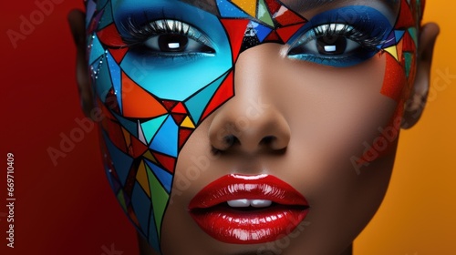 African American woman with unusual makeup and precious accessories. Ethnicity and fashion, female beauty. photo