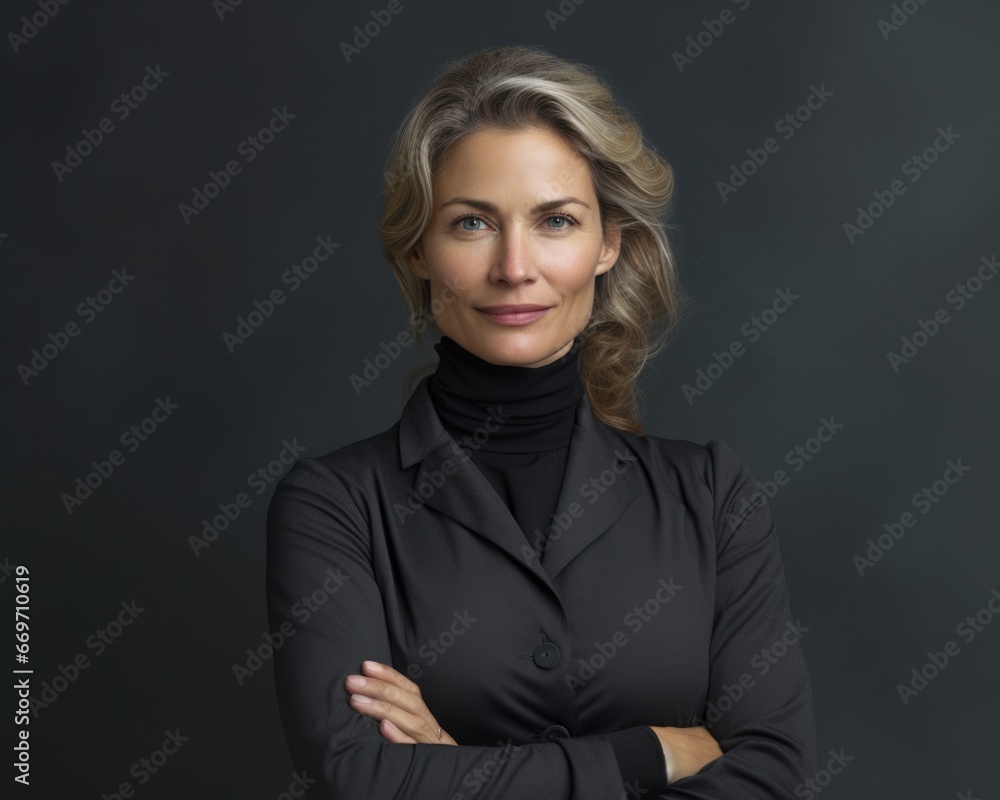 A businesswoman in a black shirt on a dark background smiles. Successful woman concept. A businesswoman in a black shirt on a dark background smiles. Successful woman concept.