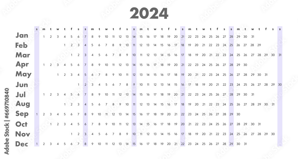 Monthly сalendar 2024 template. Starts on Sunday.