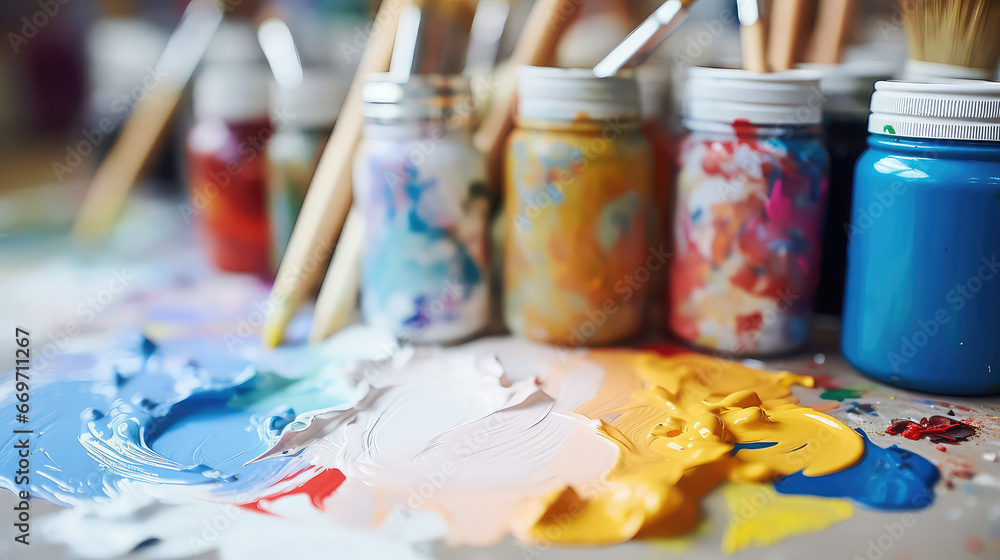 Сan of gouache paint and an art brush. Creative composition of the artist workplace. Drawing with paints, hobby. Сan of gouache paint and an art brush. Creative composition of the artist workplace. Drawing with paints, hobby.