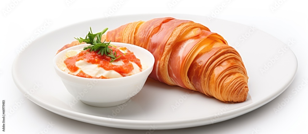 Croissant with ham cheese and tomato sauce on a plate Croissant with ham cheese and tomato sauce on a plate
