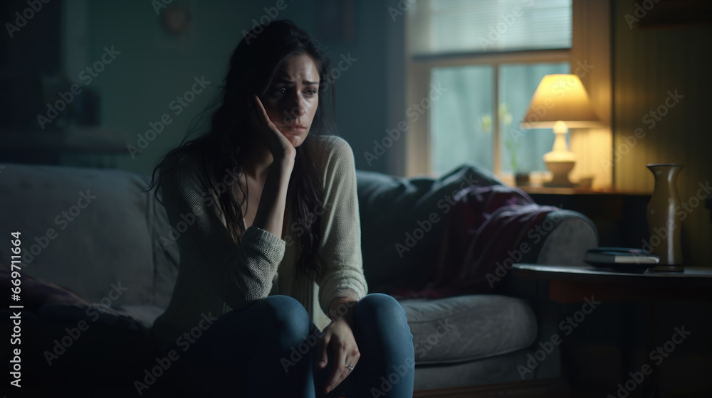 Heartbroken, sad, and depressed woman grieving alone in darkness with warm lamp light during the night Heartbroken, sad, and depressed woman grieving alone in darkness with warm lamp light during the night