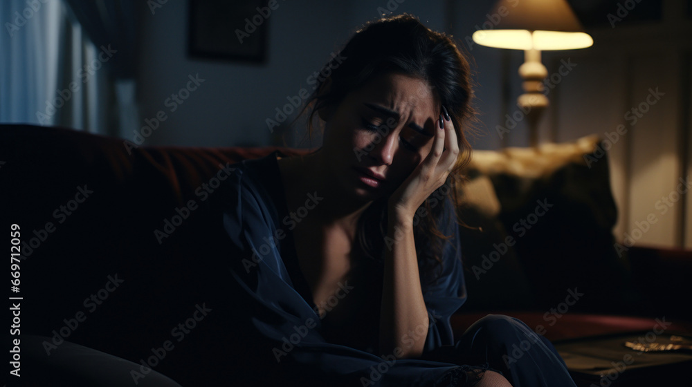 Depressed awake young mother struggling with insomnia, sadness, and migraine