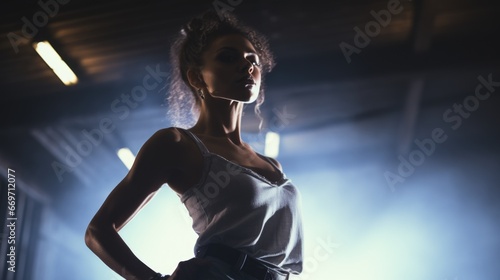 Young beautiful woman in backlight on the dance floor. Nightlife, parties, lifestyle, relationships.