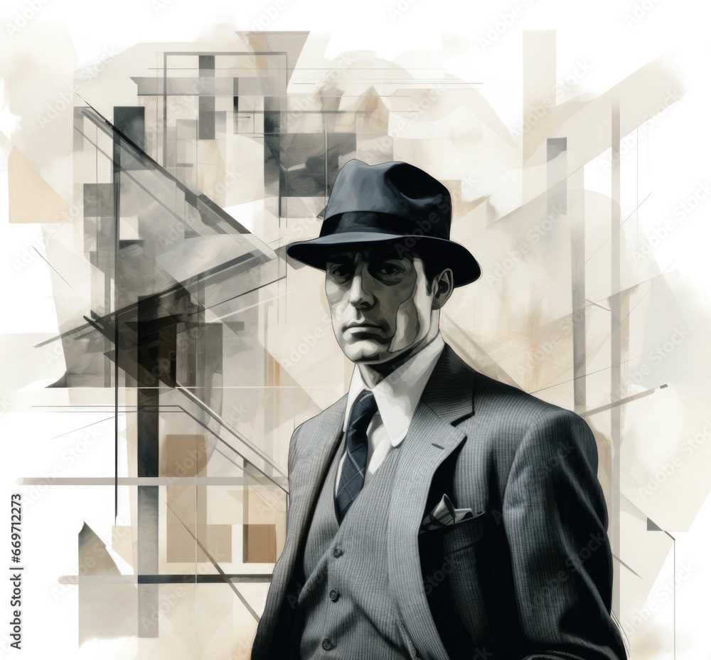 Fototapeta premium Abstract image of a man in a hat. An image stylized as a painting. Sketching, architecture and construction.