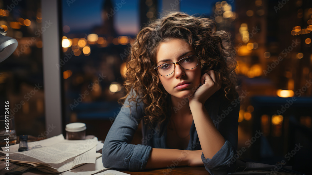 Stressed exhausted woman sitting at office desk and working overtime, she is overloaded with work Stressed exhausted woman sitting at office desk and working overtime, she is overloaded with work