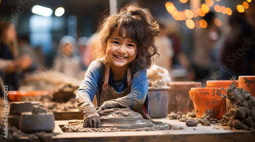 Small girl sitting on bench with pottery wheel and making clay pot in the sculpture studio photo