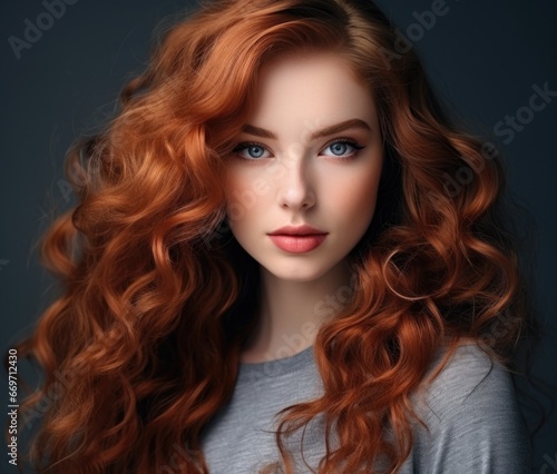 Redhead young woman on a gray background