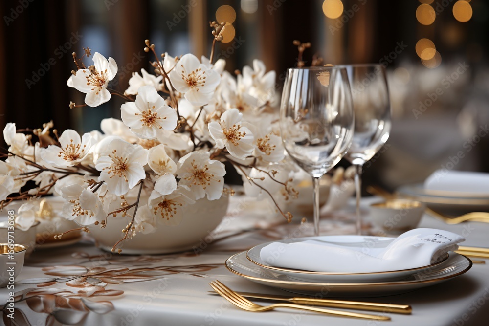 Elegant table setting with candles and flowers in restaurant. Selective focus. Romantic dinner setting with candles and flowers on table in restaurant.
