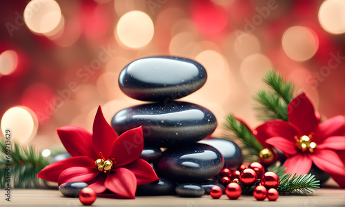 Christmas theme wellness spa, balance stones, massage, aromatherapy, festive holiday season