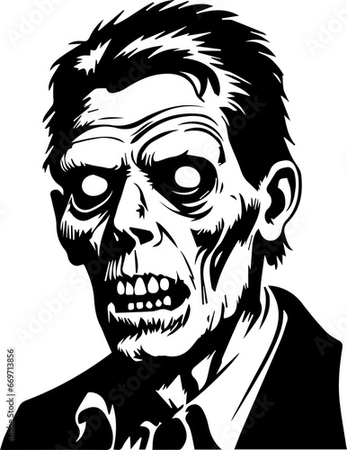 zombie head , black and white inkdrawing style , vector design