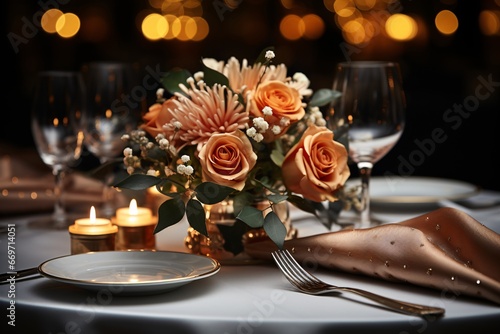 Elegant table setting with beautyful flowers, candles and wine glasses in restaurant.