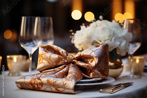 Elegant napkin. Elegant table setting with candles and flowers in restaurant. Selective focus. Romantic dinner setting with candles and flowers on table in restaurant.