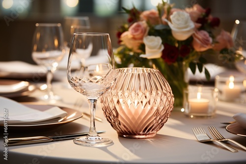 Elegant table setting with beautyful flowers, candles and wine glasses in restaurant. photo