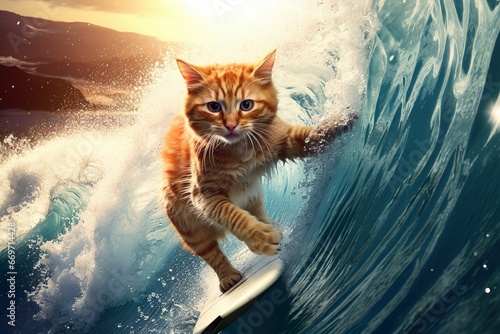 Red happy cat on summer vacation is surfing on the sea. The cat on the board floats on the wave.