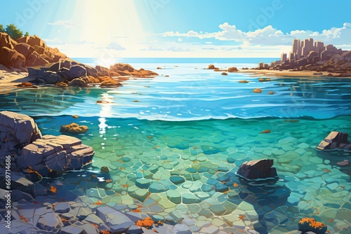 Bright sun, sparkling sea with rocks and reefs. Generative AI