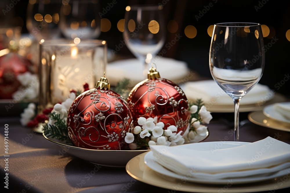 Christmas dinner table setting. Elegant table setting with candles in restaurant. Selective focus. Romantic dinner setting with candles on table in restaurant.
