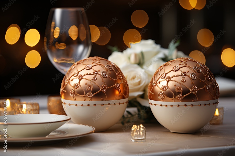 Christmas dinner table setting. Elegant table setting with candles in restaurant. Selective focus. Romantic dinner setting with candles on table in restaurant.
Christmas dinner table setting. Elegant table setting with candles in restaurant. Selective focus. Romantic dinner setting with candles on table in restaurant.