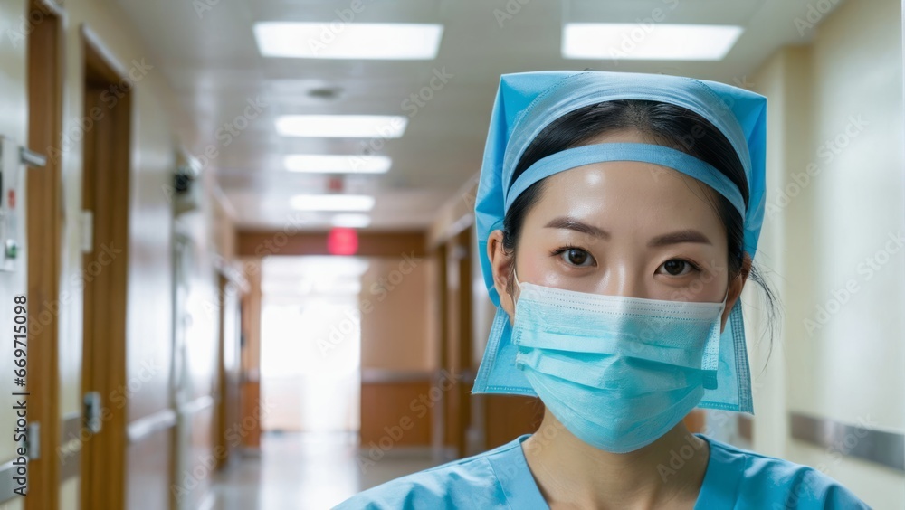 A nurse standing inside a hospital hallway A nurse standing inside a hospital hallway