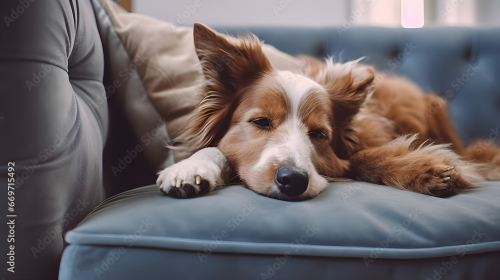 Peaceful Dog Asleep on Couch - Cozy Canine Nap, Domestic Pet Resting at Home Peaceful Dog Asleep on Couch - Cozy Canine Nap, Domestic Pet Resting at Home