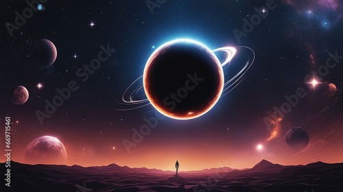 planet in space exploding black hole, black hole,  Alien space planet landscape  ray of light energy,  