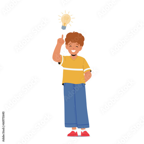 Bright-eyed Boy, With A Beaming Light Bulb Above His Head, Symbolizing Creativity And Inspiration, Vector Illustration