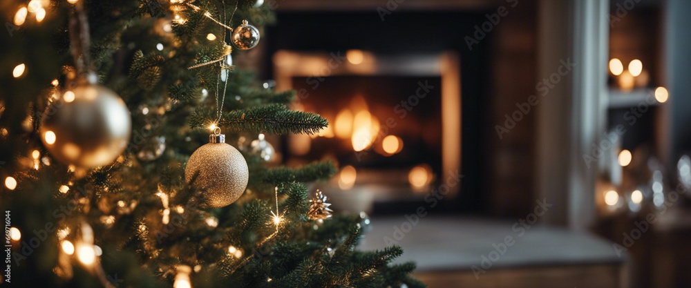 Christmas tree, decorated with New Year's toys, stands near the fireplace 2024 Christmas tree, decorated with New Year's toys, stands near the fireplace 2024