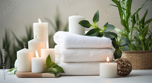 spa concept  still life of a few towels together with some candles  relaxation concept